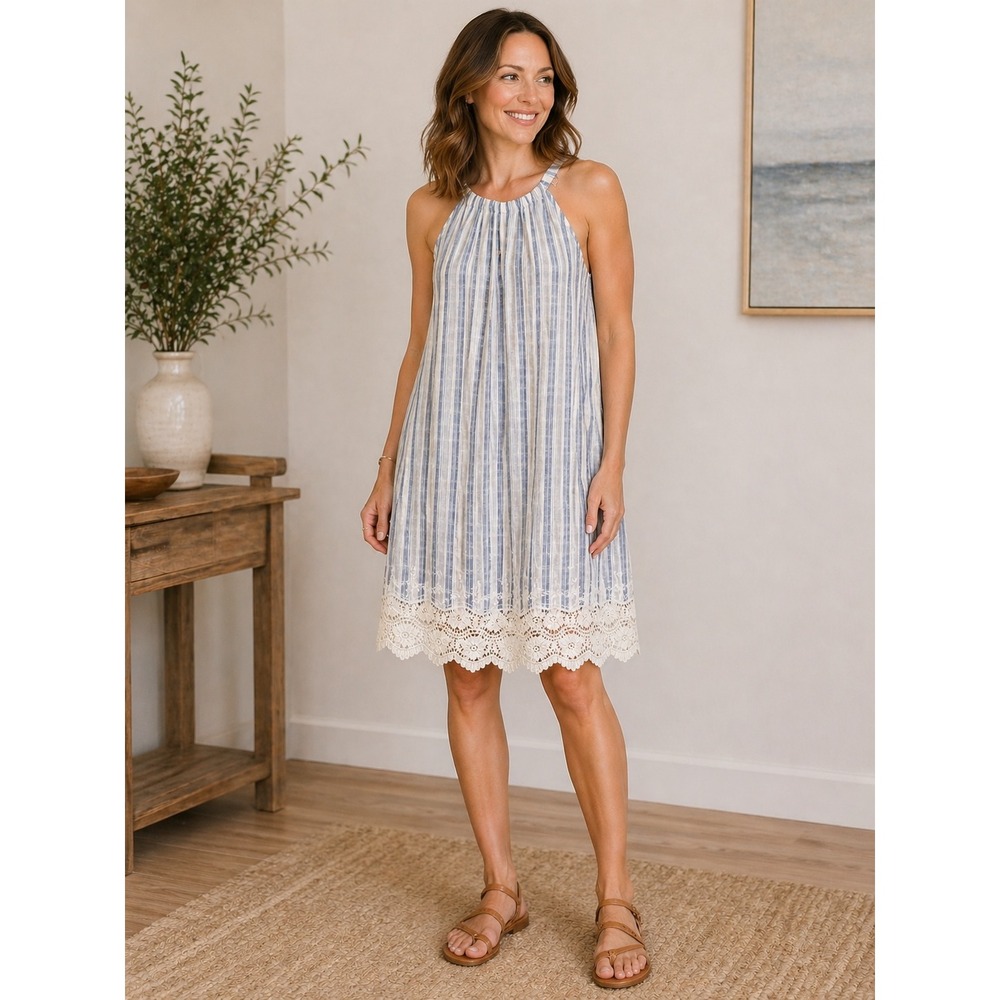 NWT HOPE AND HARLOW Shift Dress Women's 10 Pale Blue Cream Striped Halter $118